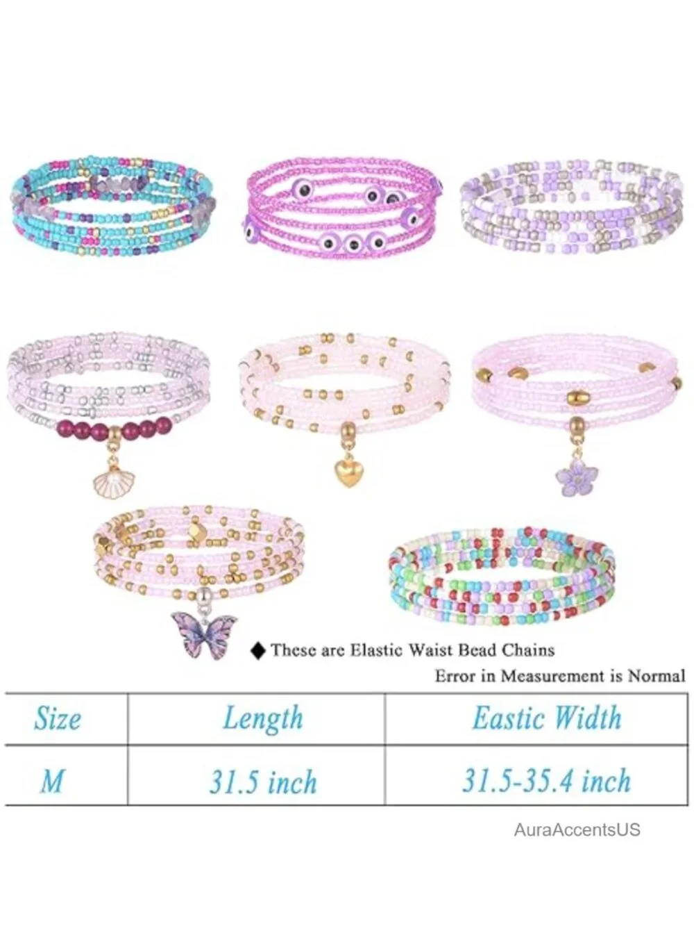 8Pcs 31.5in African Waist Bead Chain Elastic Belly Beads Shell Layered Body